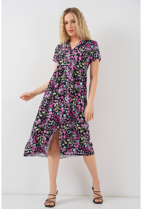 Kadın Boydan Düğmeli Kısa Kol Çiçekli Elbise 2561