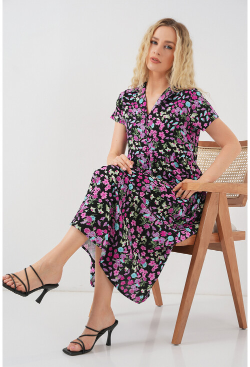 Kadın Boydan Düğmeli Kısa Kol Çiçekli Elbise 2561