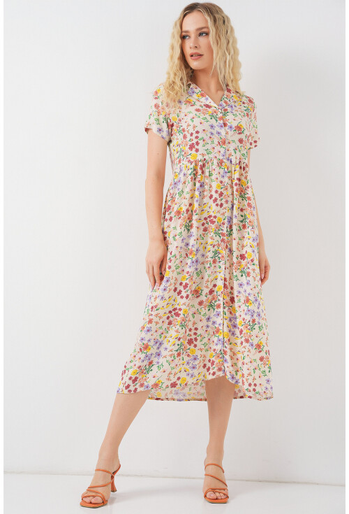 Kadın Boydan Düğmeli Kısa Kol Çiçekli Elbise 2561