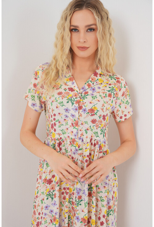 Kadın Boydan Düğmeli Kısa Kol Çiçekli Elbise 2561