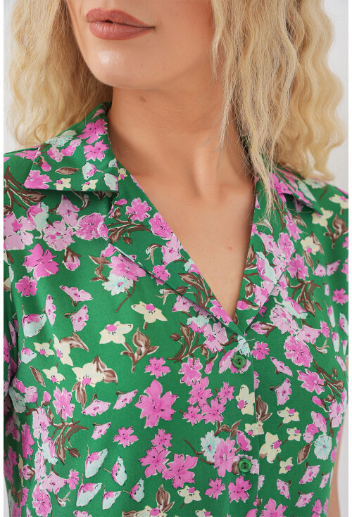 Kadın Boydan Düğmeli Kısa Kol Çiçekli Elbise 2561