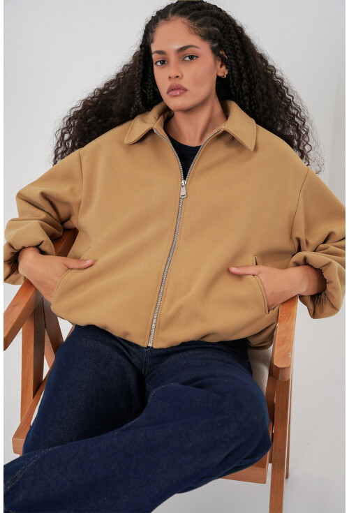 Kadın Büzgülü Oversize Kaşe Ceket 0728