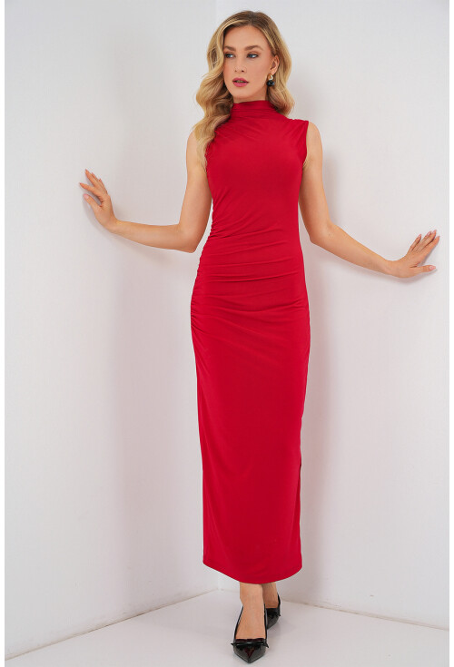 Kadın Büzgülü Sıfır Kol Drapeli Elbise 2579