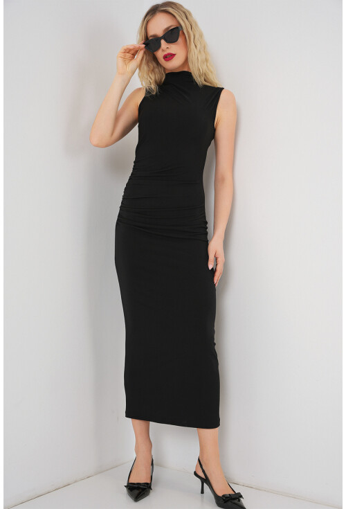 Kadın Büzgülü Sıfır Kol Drapeli Elbise 2579
