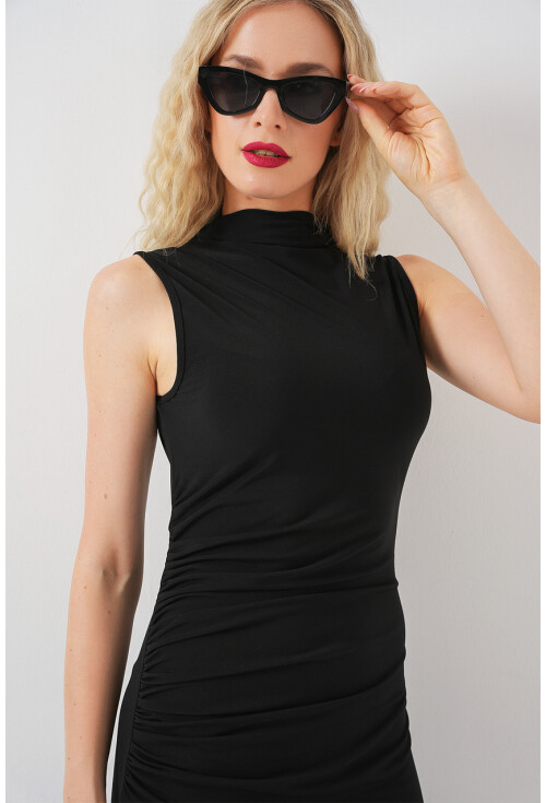 Kadın Büzgülü Sıfır Kol Drapeli Elbise 2579