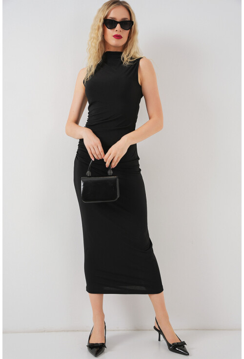 Kadın Büzgülü Sıfır Kol Drapeli Elbise 2579