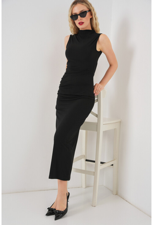 Kadın Büzgülü Sıfır Kol Drapeli Elbise 2579