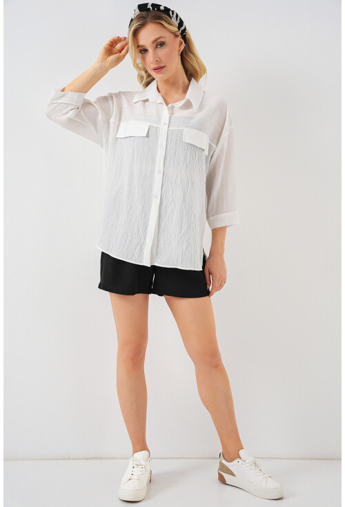 Kadın Cep Detaylı Kısa Kol Gömlek 20317