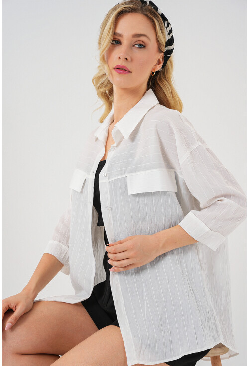 Kadın Cep Detaylı Kısa Kol Gömlek 20317