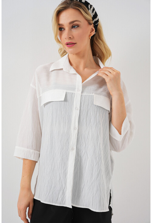 Kadın Cep Detaylı Kısa Kol Gömlek 20317