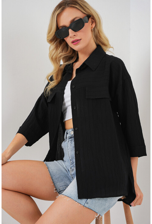 Kadın Cep Detaylı Kısa Kol Gömlek 20317