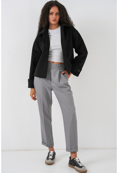 Kadın Cepli Kruvaze Uzun Kollu Kısa Kaşe Ceket 0724