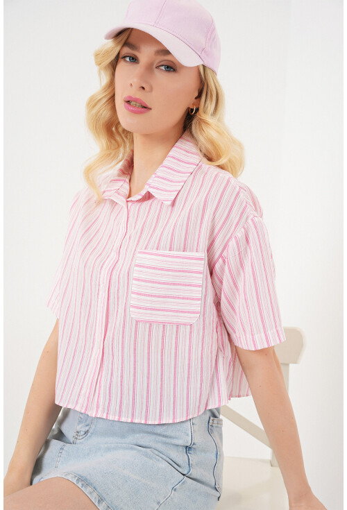 Kadın Çizgili Crop Gömlek 20342