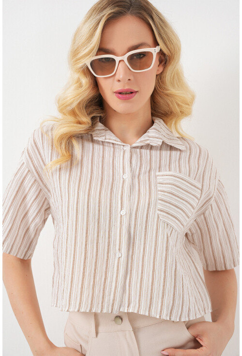 Kadın Çizgili Crop Gömlek 20342