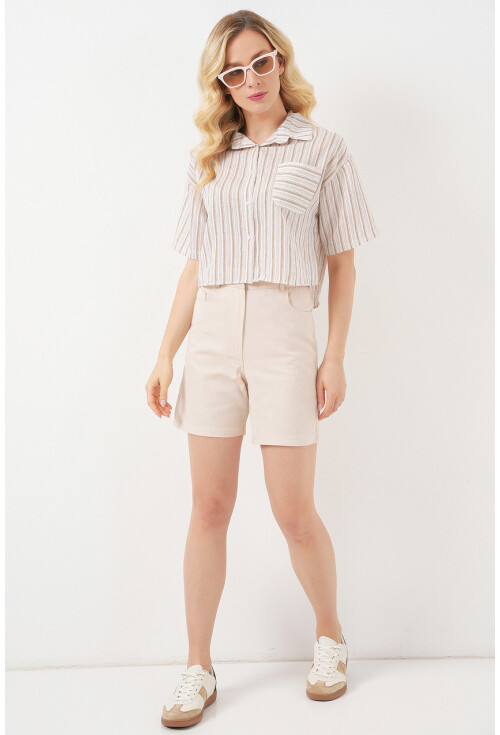Kadın Çizgili Crop Gömlek 20342