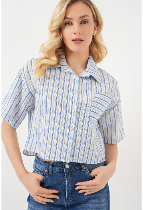 Kadın Çizgili Crop Gömlek 20342
