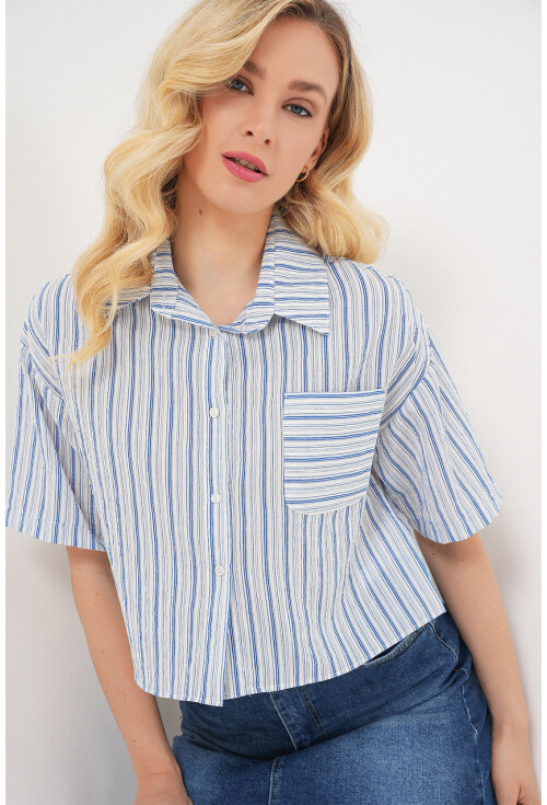 Kadın Çizgili Crop Gömlek 20342