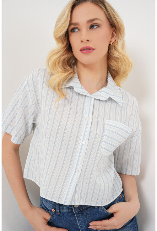 Kadın Çizgili Crop Gömlek 20342