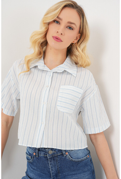 Kadın Çizgili Crop Gömlek 20342