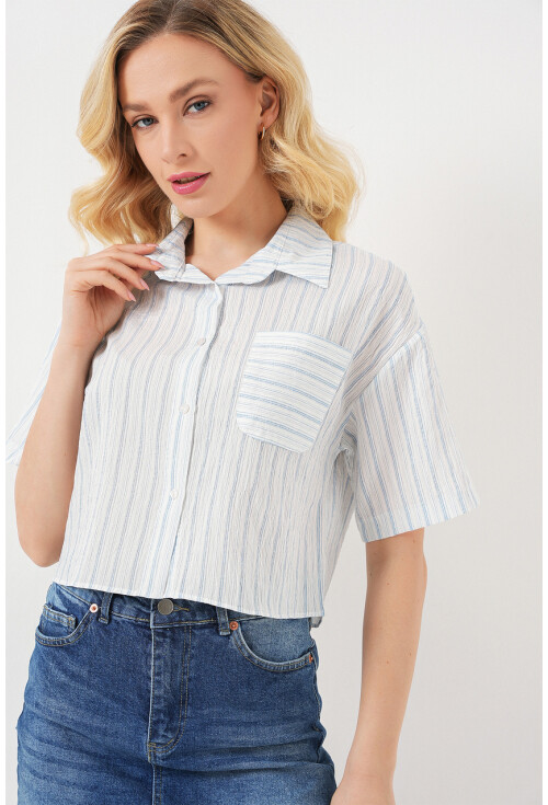 Kadın Çizgili Crop Gömlek 20342