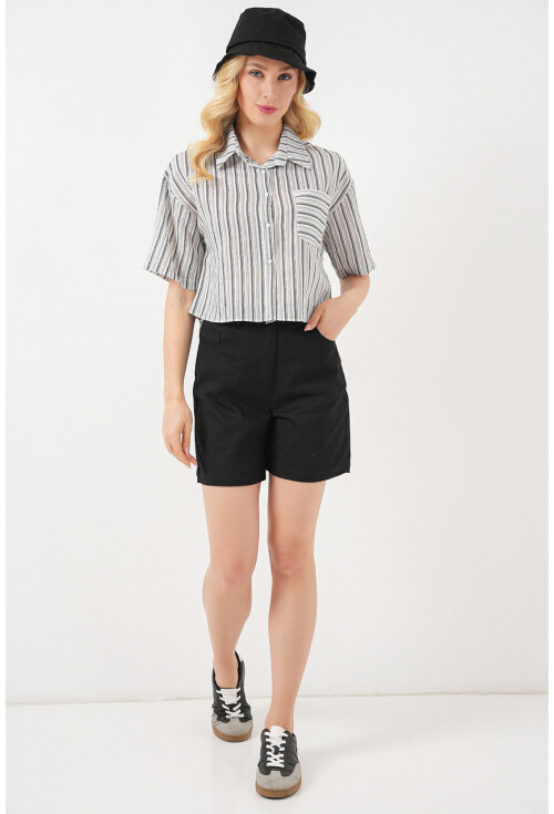 Kadın Çizgili Crop Gömlek 20342