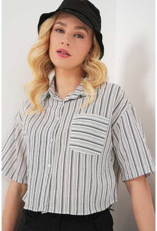 Kadın Çizgili Crop Gömlek 20342
