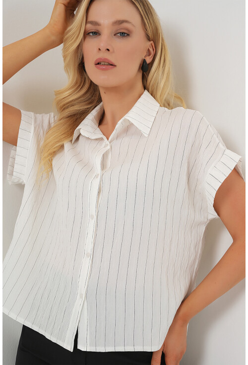 Kadın Çizgili Kısa Kol Gömlek 20327
