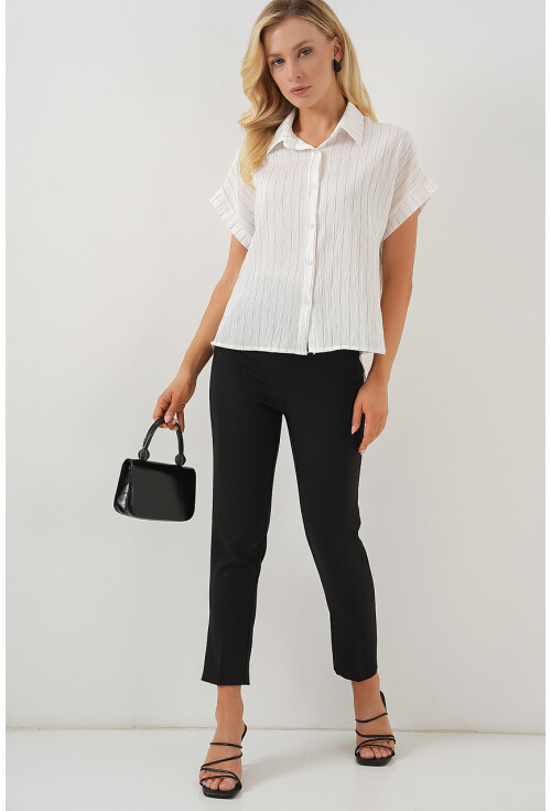 Kadın Çizgili Kısa Kol Gömlek 20327