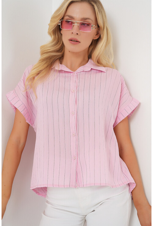 Kadın Çizgili Kısa Kol Gömlek 20327