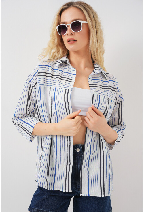 Kadın Çizgili Kısa Kol Gömlek 20344