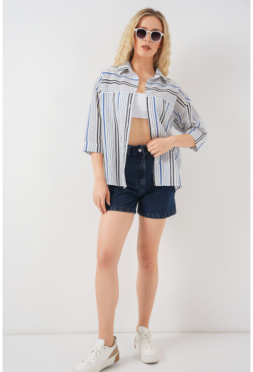 Kadın Çizgili Kısa Kol Gömlek 20344