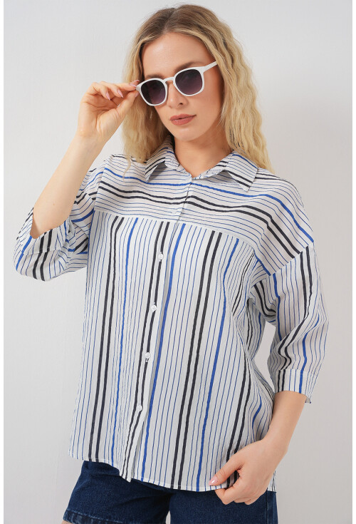 Kadın Çizgili Kısa Kol Gömlek 20344