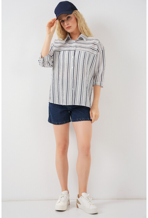 Kadın Çizgili Kısa Kol Gömlek 20344