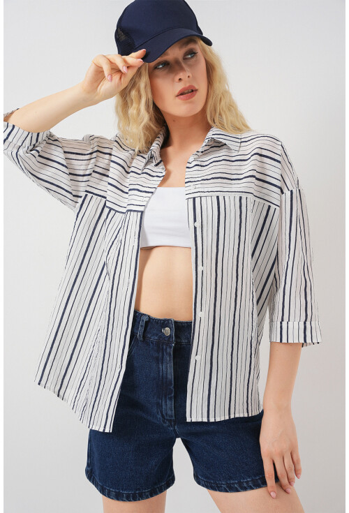 Kadın Çizgili Kısa Kol Gömlek 20344