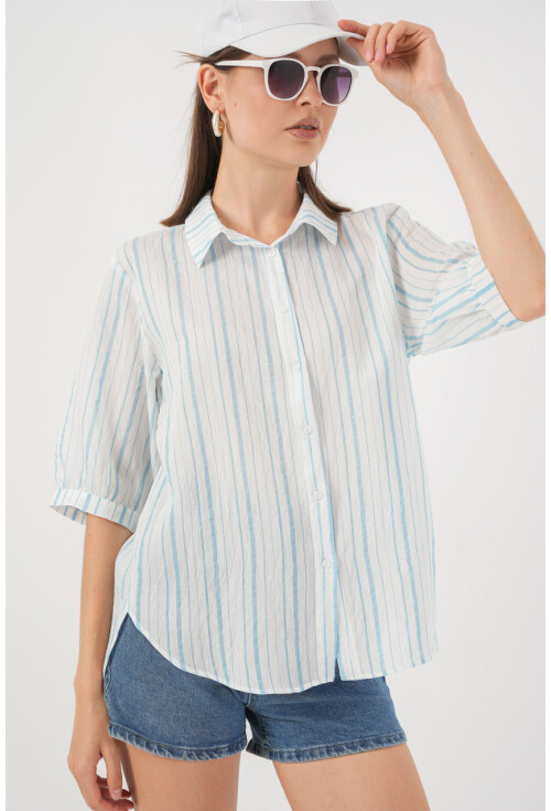 Kadın Çizgili Kısa Kol Gömlek 20345