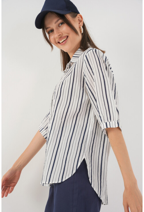 Kadın Çizgili Kısa Kol Gömlek 20345