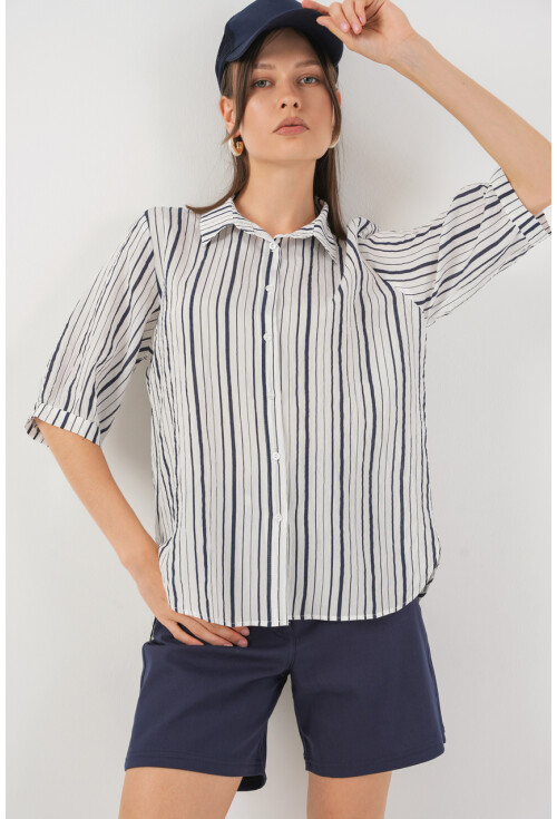 Kadın Çizgili Kısa Kol Gömlek 20345