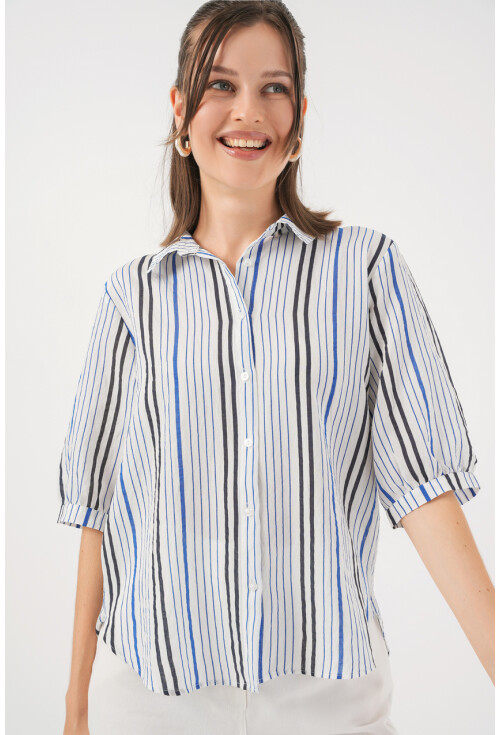 Kadın Çizgili Kısa Kol Gömlek 20345