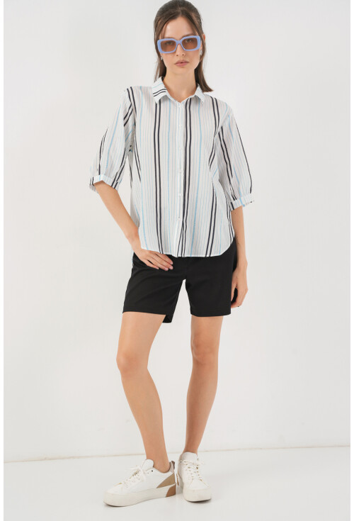 Kadın Çizgili Kısa Kol Gömlek 20345