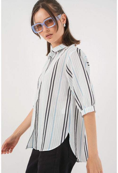 Kadın Çizgili Kısa Kol Gömlek 20345