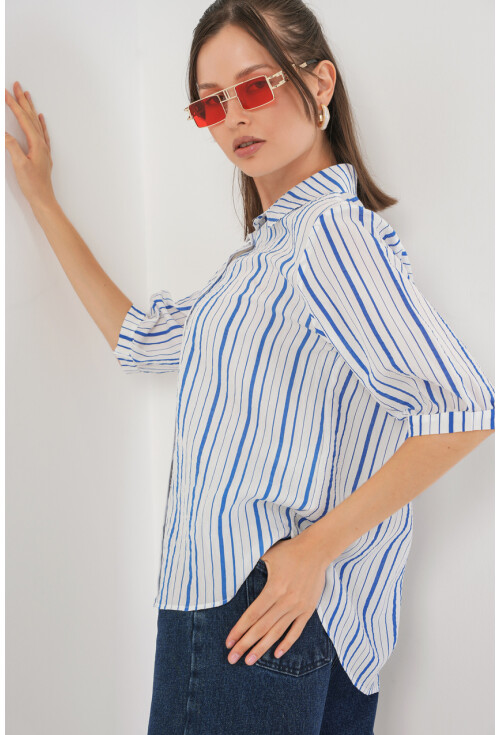 Kadın Çizgili Kısa Kol Gömlek 20345