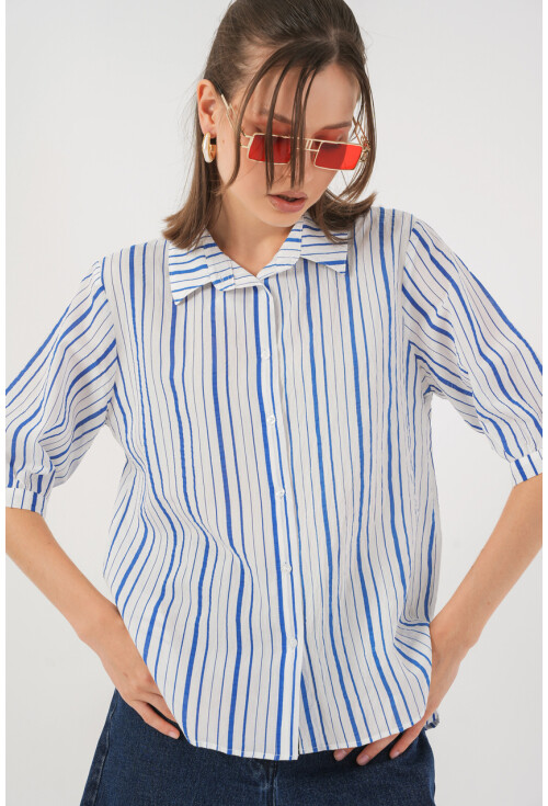 Kadın Çizgili Kısa Kol Gömlek 20345