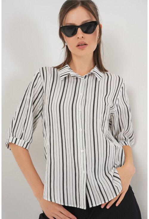 Kadın Çizgili Kısa Kol Gömlek 20345