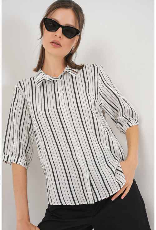 Kadın Çizgili Kısa Kol Gömlek 20345