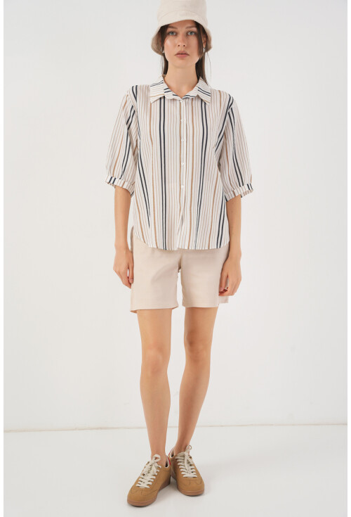 Kadın Çizgili Kısa Kol Gömlek 20345