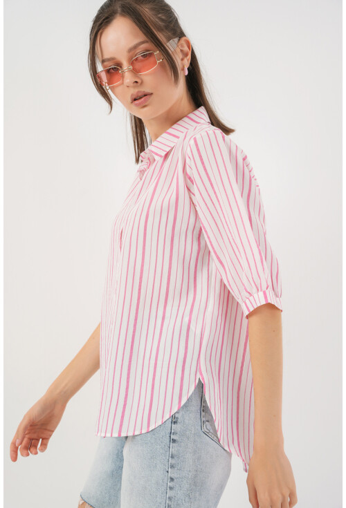Kadın Çizgili Kısa Kol Gömlek 20345