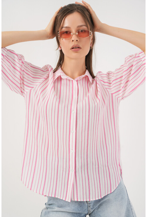 Kadın Çizgili Kısa Kol Gömlek 20345