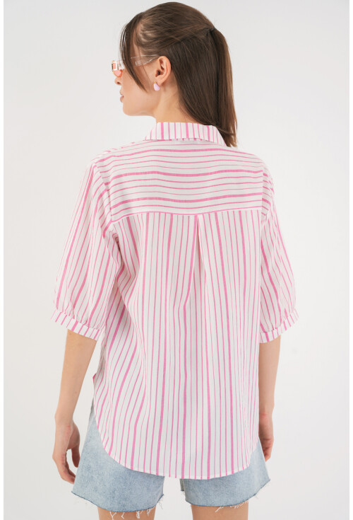 Kadın Çizgili Kısa Kol Gömlek 20345