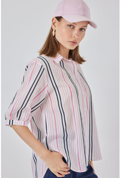 Kadın Çizgili Kısa Kol Gömlek 20345