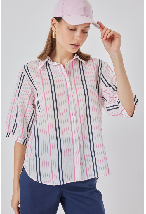 Kadın Çizgili Kısa Kol Gömlek 20345